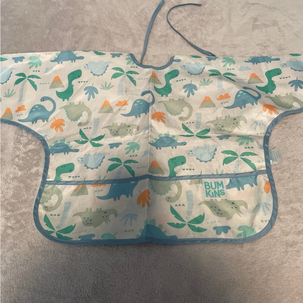 Bumkins Waterproof Dinosaur Print Bib Teal Beige